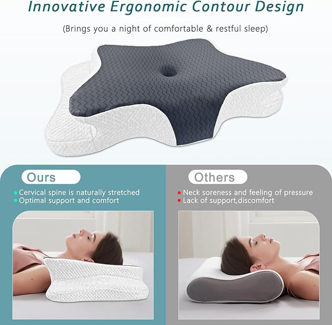 CHxxy Cervical Pillow for Neck Pain Relief, Memory Foam Pillows, Ergonomic Contour Bed Pillow, Soft for Side Sleep Stomach Sleeping and Back Sleepers-Queen Size Dark Grey&White