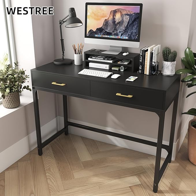 WESTREE Computer Gaming Desk Office - Study Writing Desk with Drawer for Teen, Bedroom Makeup Desk Home Office Furniture with Storage Shelf, Height Monitor Stand