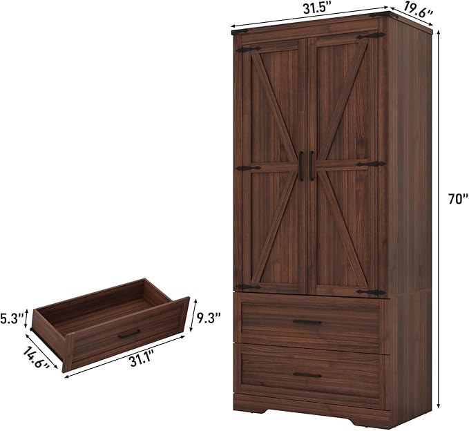 St.Mandyu Farmhouse Wardrobe Armoire Closet with 2 Doors and 2 Drawers, 70.1" Wooden Clothing Storage Cabinet, Freestanding Large Capacity Storage Wardrobe Armoire with Hanging Rod for Bedroom, Brown