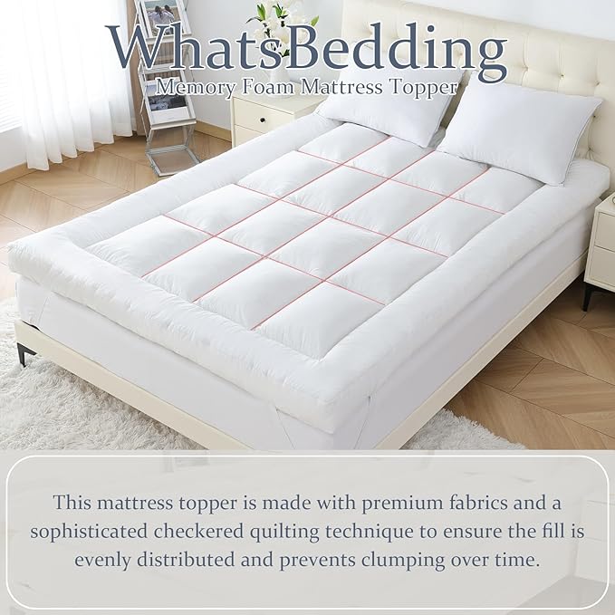 WhatsBedding 5 inch Memory Foam Mattress Topper King Size for Back Pain, Soft Breathable Cover, Comfort Supportive Pillow Top Mattress Topper, 2000GSM Fluffy Shredded Memory Foam Filled