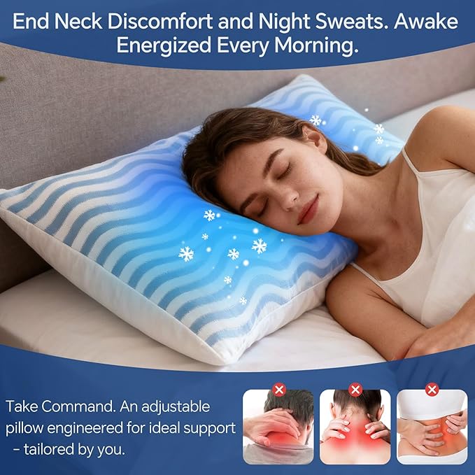 SLEEPDIARY Pillows Queen Size Set of 2 – Adjustable Shredded Memory Foam Cooling Bed Pillows, Custom Loft for Side, Back, and Stomach Sleepers, Shape-Retaining Support & Washable Cover