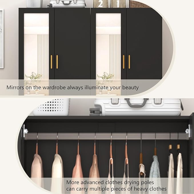 jiteentarou 2 Door Wardrobe Closet with Mirrors and LED Lights, Small Bedroom Armoire with Drawers, Modern Wooden Armoire Wardrobe Closet with Hanging Rod for Bedroom, Black
