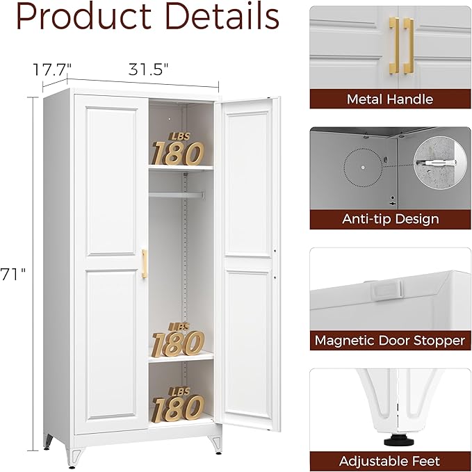Metal Armoire Wardrobe Closet with 2 Doors, 71" Tall Wardrobe Closet with Doors, Hanging Rod, Drawers and Adjustable Shelves, White Clothing Storage Cabinets for Bedroom, Home Office