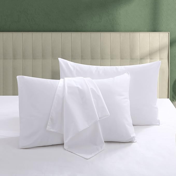 100% Egyptian Cotton Bed Pillow Protectors Set of 4, 600 Thread Count Queen Size Pillow Cases with Zipper, Sateen Weave Cooling Cases Quiet, Breathable, Easy Care (4PCS, Queen, White)