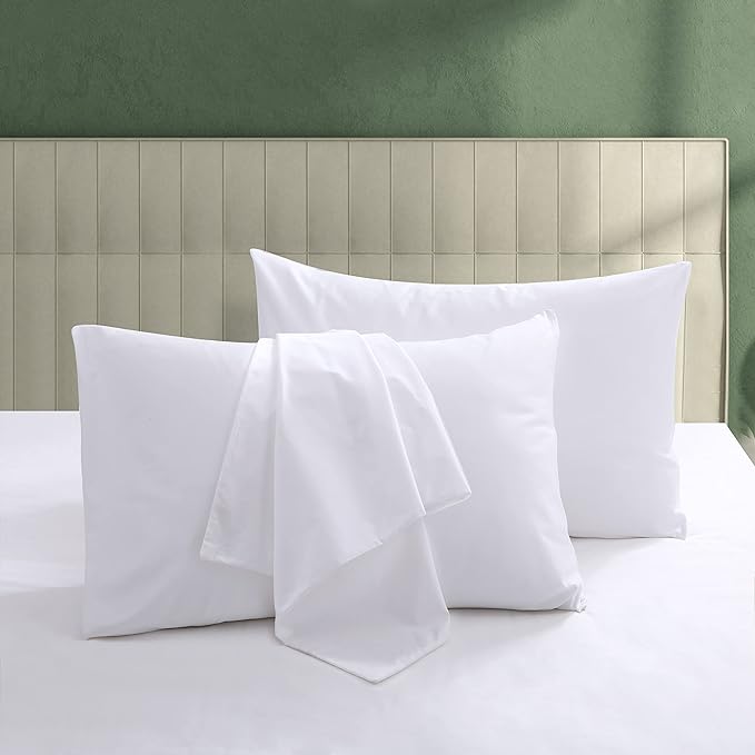 100% Egyptian Cotton Pillow Protectors Set of 4, 600 Thread Count Standard Size Bed Pillowcase with Zipper, Cooling Pillow Cover Quiet and Breathable Easy Care (4PCS, Standard, White)