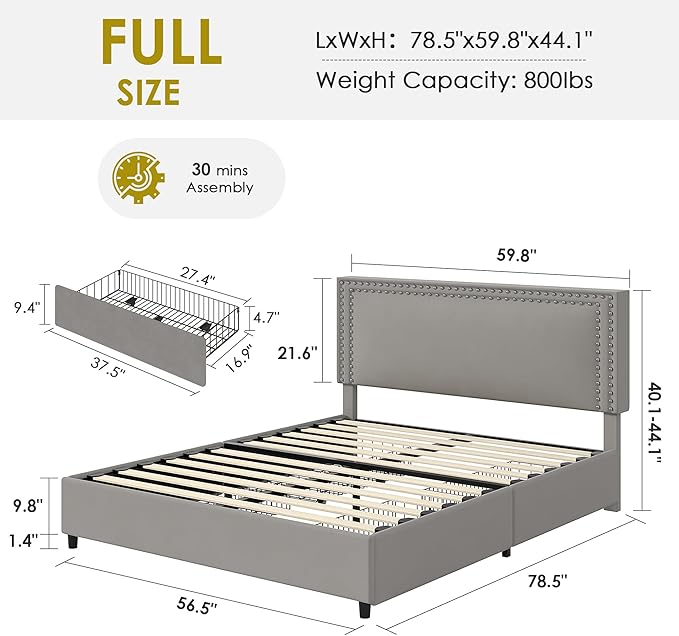 VECELO Full Size Upholstered Bed Frame with 4 Storage Drawers, Adjustable Velvet Rivet Decor Headboard, Wooden Slats Platform Support, No Box Spring Needed, Easy Assembly,Dark Grey