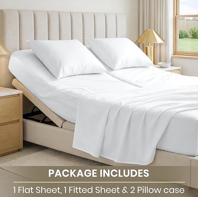 SGI bedding 32" King Split Top Flex Head Sheet 100% Egyptian Cotton Sheet Set 1000 Thread Count Flex Top Sheet for Adjustable Bed 4Pc Sheet Set 15" Deep Pocket for Sleep Number Bed - White