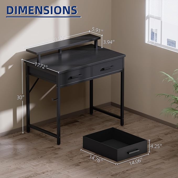 Pamray 32 Inch Small Computer Desk with Monitor Stand Home Office Desks with 2 Drawers for Bedroom Study Writing and Work Table for Small Spaces Black