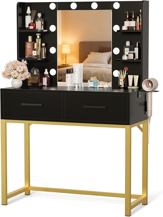 YESHOMY Vanity Desk with Mirror, Makeup Table with 2 Large Drawers, Power Outlet and Round Holder, 3 Color Modes Adjustable Bulb, Black & Gold Frame