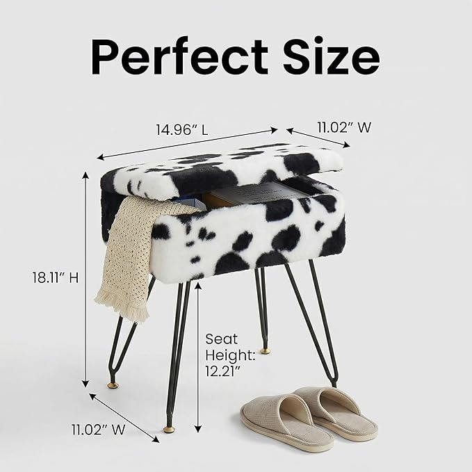 Vanity Stool Chair, Faux Fur Ottoman Foot Stool with Metal Legs & Adjustable Black Feet, Flip Top Storage Makeup Stool with Soft Padded Seat, Foot Rest for Makeup Room Bedroom, Cow