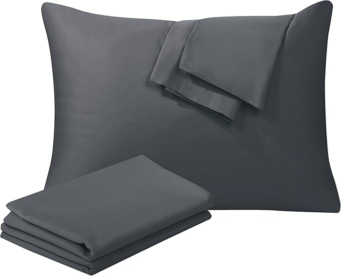 100% Egyptian Cotton Queen Pillow Protectors Set of 2, 400 Thread Count Sateen Weave Cooling Pillowcase, Easy Care Zippered Style Pillow Covers (Dark Grey, Queen)