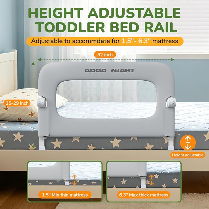 Bed Guard Rail for Toddlers - 32" Adjustable Heights & Folding up Portable Bed Railing for Baby - Toddler Bed Rails Guard for Crib, Twin, Bunk,Full Size, Queen & King Bed(Grey)