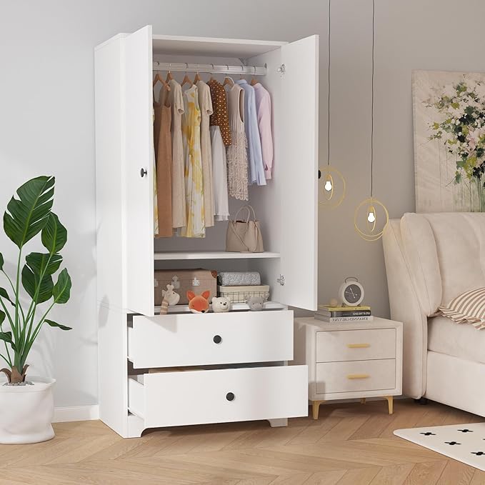 Garvee 71" Armoire Wardrobe Closet, Modern Wooden Bedroom Armoire with 2 Drawers & 2 Doors and Adjustable Shelves，Clothing Storage Cabinet with Aluminum Hanging Rod, Locker