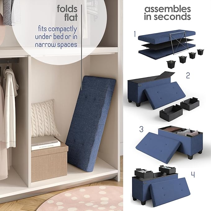 Storage Ottoman Bench with Bins, 30-in Storage Bench for Bedroom End of Bed, Folding Foot Rest Ottoman for Living Room Max 660lbs, Fabric Ottomans, Blue