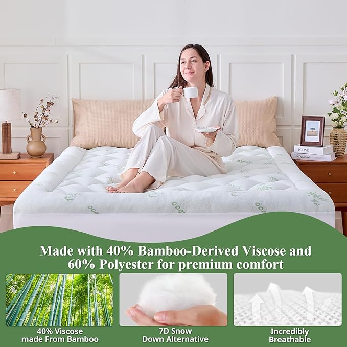Twin XL Mattress Topper, Viscose Derived from Bamboo Thick Pillow Top Mattress Pad with Deep Pocket, Naturally Cooling for Hot Sleepers, Soft for Back Pain Relief, White