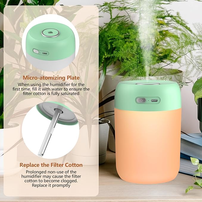 Portable Small Humidifier, 650ml Colorful Mini Humidifier for Bedroom, Office Desktop, Baby Room, Plants, Cool Mist Humidifiers(Green)
