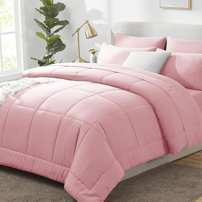 CozyLux King Size Comforter Set Pink, 7 Pieces Bed in a Bag, Pink Comforter King Size, All Season Bedding Sets with Stitch Quilted Comforter, Flat Sheet, Fitted Sheet, Pillowcases