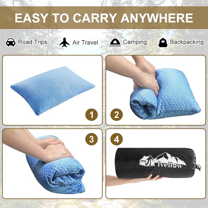 Ivellow Travel Pillow Camping Pillow for Sleeping Cooling Shredded Memory Foam Pillow Compressible Compact Medium Firm,Breathable Soft Cover,Ideal Outdoor Car Backpacking Hiking Essential Gear Blue S