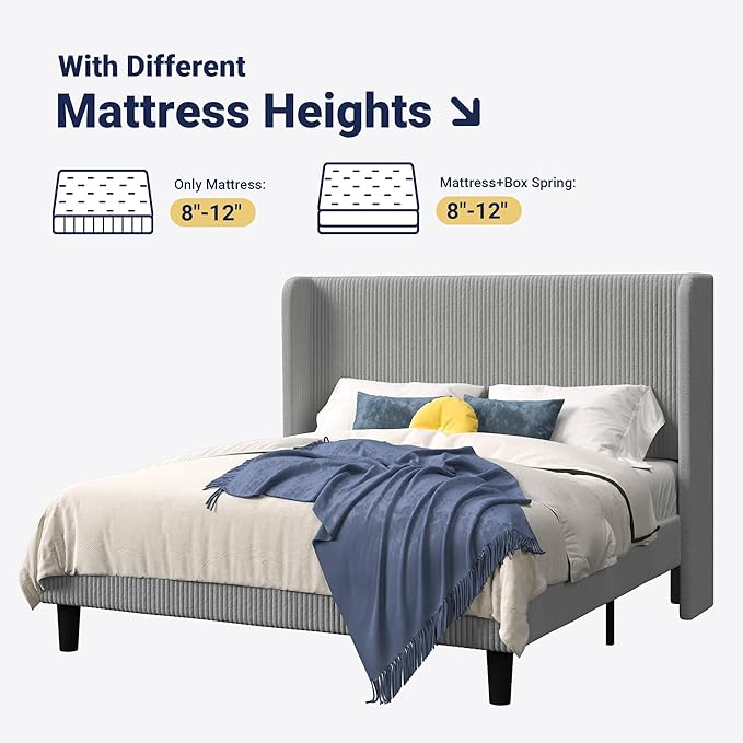 Allewie Full Size Bed Frame with Upholstered Wingback Headboard, Vertical Channel Tufted Corduroy Velvet Platform Bed, Strong Wooden Slats Support, No Box Spring Needed, Easy Assembly, Light Grey