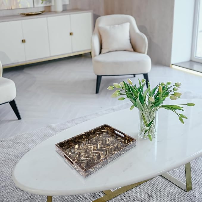 Handicrafts Home 17"x11" Decorative Tray, Resin Inlay Ottoman Coffee Table Tray with Handles, Rectangular Serving Tray for Breakfast, Vanity, Centerpiece Décor