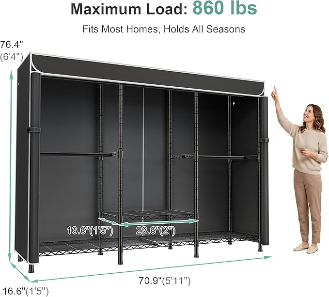 SEMHOR K01C Heavy Duty Clothes Rack with Cover, Freestanding Portable Closet System with Shelves, Adjustable Carbon Steel Garment Rack, Black Clothing Racks for Hanging Clothes, 860LBS Max Load