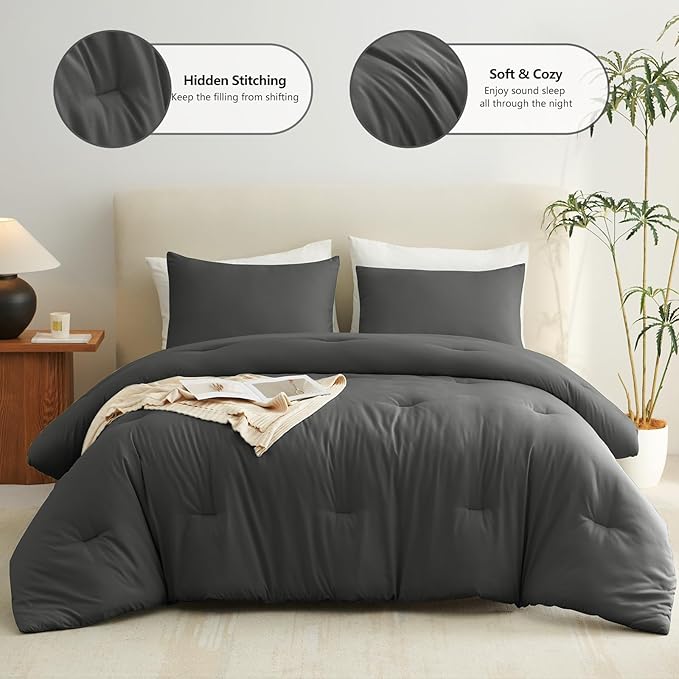 CozyLux Super King Plus Comforter Set Dark Grey, 3 Pieces 128x120 Solid Breathable Bedding Sets All Season, Dark Gray Luxury Lightweight Soft Bed Set with Down Alternative Comforter and 2 Pillowcases