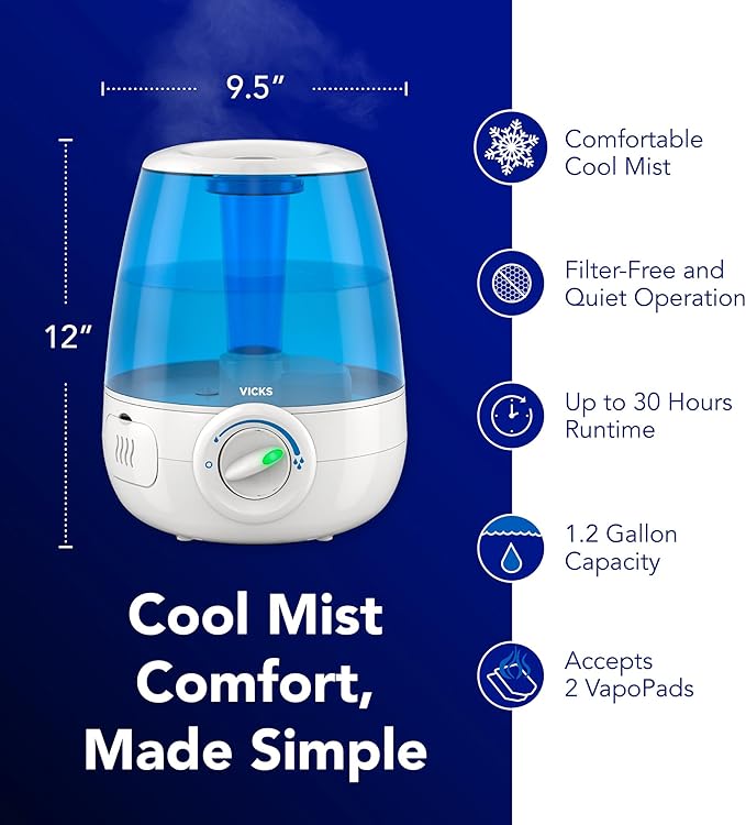 Vicks Filter-Free Ultrasonic Humidifier, Recommended by Pediatricians, 1.2 Gal Ultrasonic Cool Mist Humidifiers for Bedrooms & Kids Rooms, Works with Vicks VapoPads