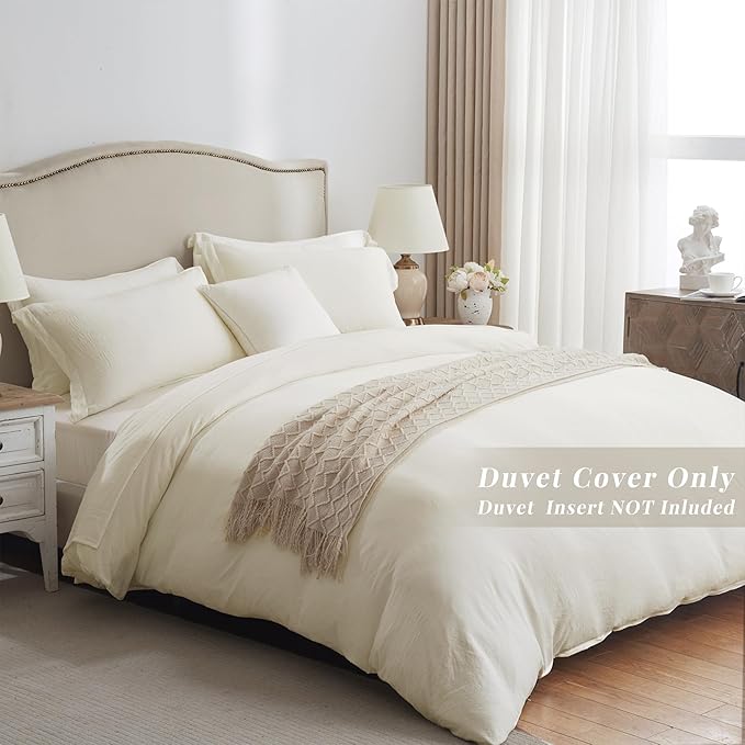 MILDLY Super Soft Duvet Cover - 100% Washed Microfiber Off White Comforter Cover Set 3 Pieces with Zipper Closure & Corner Ties
