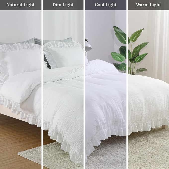 CAROMIO Ruffle Duvet Cover King Size, 3PCS Soft Washed Microfiber Vintage French Country Duvet Cover Set with Button Closure, White, 104x90 in