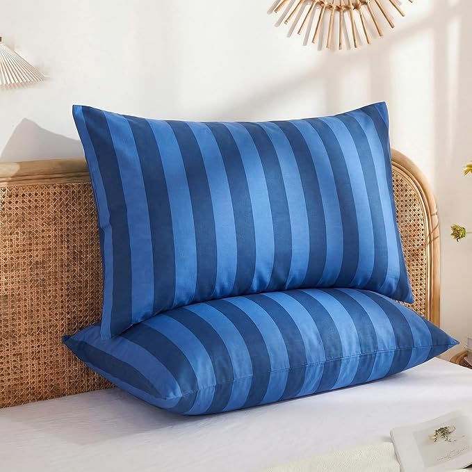 Merryword King Size Pillowcases, 100% Cotton Pillow Cases, Blue and Navy Striped Pillowcases, Soft Breathable Wide Stripes Pillow Covers, Set of 2