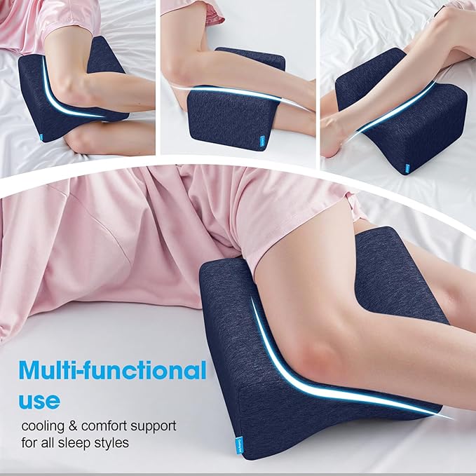 Knee Pillow for Side Sleepers with Cooling Gel, Memory Foam Elevation Pillow for Spine Aligning, Sciatica, Back, Hip, Knee, Ankle Pain, Blue/Plus
