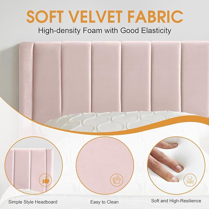 Full Bed Frame Upholstered Platform,Full Size Bed Frame with Velvet Headboard,Non-Slip and Noise-Free/Wooden Slats Support/No Box Spring Needed/Easy Assembly/Mattress Foundation (Pink, Full)