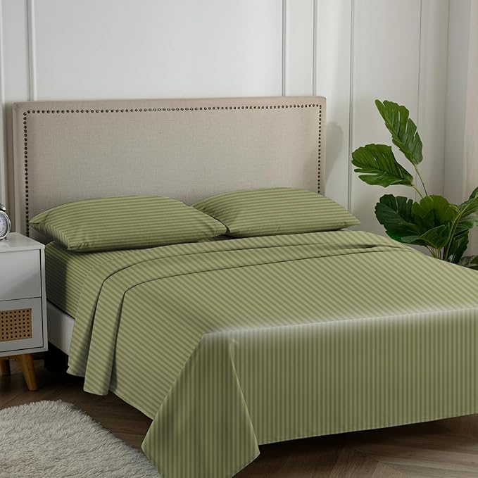 Carressa Linen Luxury Egyptian Cotton California King Stripe Sheet Set - 600 Series Hydrangeas Collection Long Staple (4 PC, Sage Green), Cal King Upto 18 in Deep Pocket, Soft Cooling Sateen Sheets