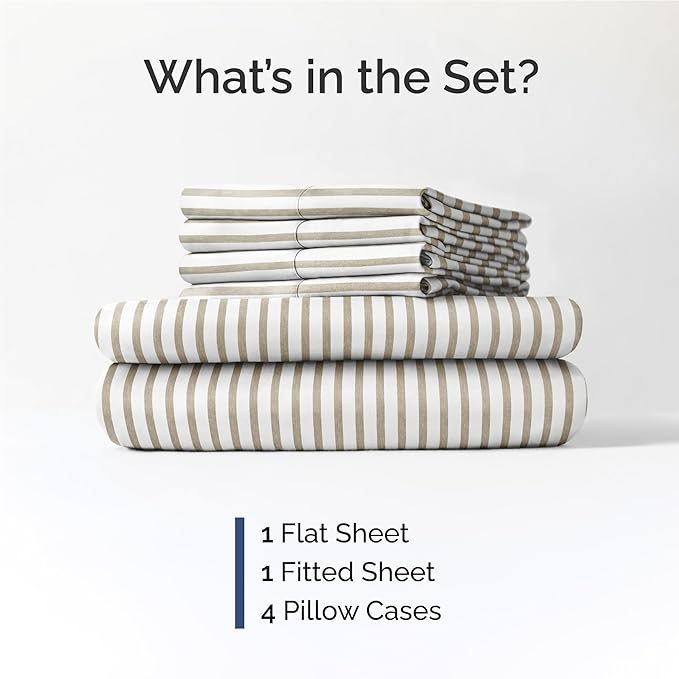 Full 6 Piece Sheet Set - Comfy, Breathable & Cooling - Soft Hotel Luxury Bedding for Women, Men, Kids, Teens and Children - 1 Flat & 1 Fitted Sheet & 4 Pillowcases with Deep Pockets - Beige Stripes 2