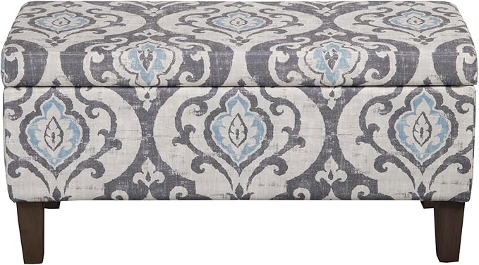 HomePop Large Upholstered Rectangular Storage Ottoman Bench with Hinged Lid, Slate Damask