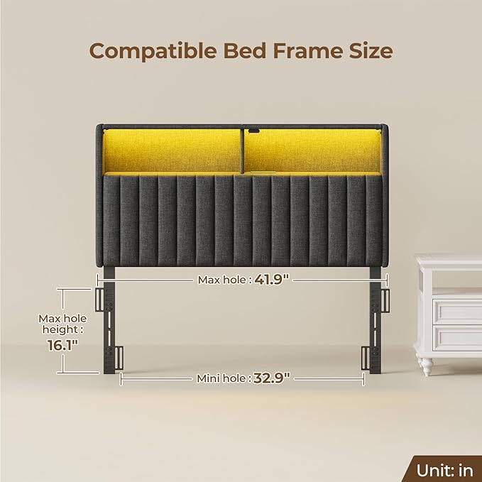 Rolanstar Headboard for Twin Size Bed with Storage, Head Board with USB & Type C Port, 60,000 DIY Color of LED Light, Velvet Upholstered, Height Adjustable, Sturdy, Easy Assembly, Grey