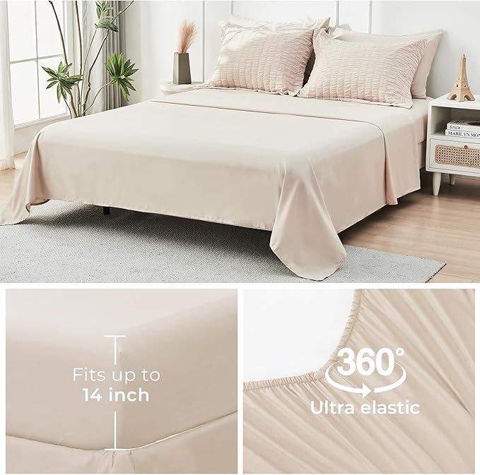 HYMOKEGE Beige Oversized King Comforter Set Seersucker 7 Pieces, All Season Luxury Bed in a Bag for Bedroom, Bedding Set with Comforter, Sheets, Pillowcases & Shams