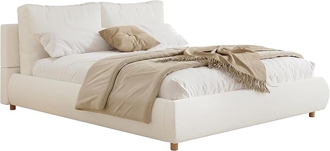 Merax King Size Boucle Fabric Upholstered Platform Bed with Two Removable Pillow Headboard, Wood Bed Frame with Solid Round Legs for Kids Teens Adults, White