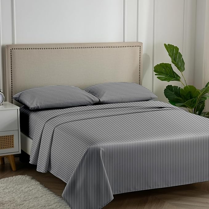 Carressa Linen Luxury Egyptian Cotton Queen Stripe Sheet Set - 600 Series Hydrangeas Collection Long Staple Queen Damask Sheets Set (4 PC, Dark Grey Stripe), Sateen Sheets Upto 18 in Deep Pocket