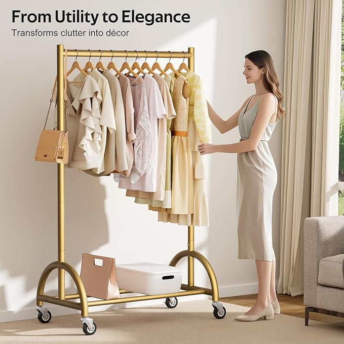 MISSLO Heavy Duty Clothing Rack with Wheels Rolling Clothes Racks for Hanging Clothes, Coats, Garment, Dress, Gold, 30" W