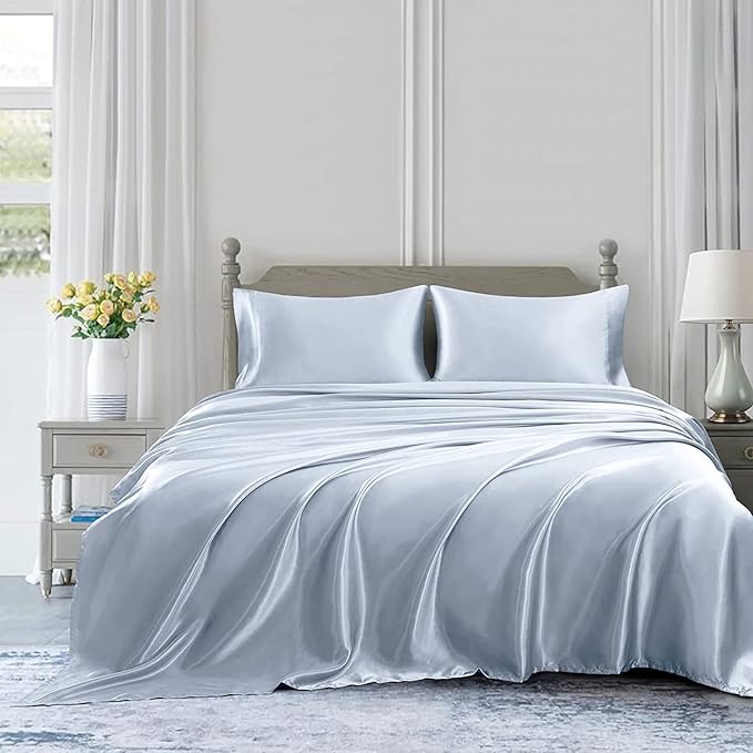 Homiest 3pcs Satin Sheets Set Luxury Silky Satin Bedding Set with Deep Pocket, 1 Fitted Sheet + 1 Flat Sheet + 1 Pillowcase (Twin XL Size, Baby Blue)