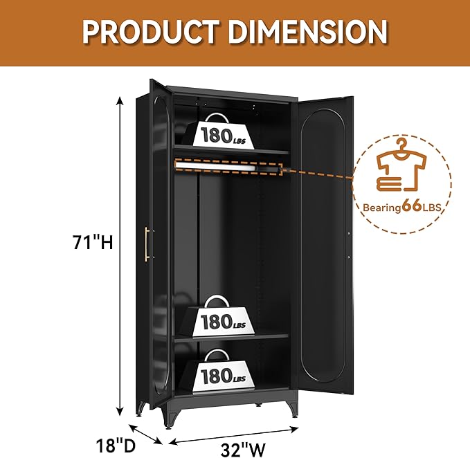 Polup Metal Armoire Wardrobe Closet with Doors and Shelves, 71" Tall Wardrobe Closet with Hanging Rod, Freestanding Clothes Cabinets, Large Wardrobes for Bedroom, Home Office, Employee, Black