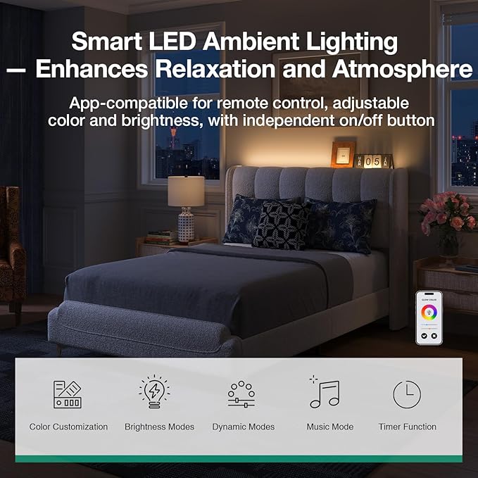 Novilla Queen Bed Frame with Charging Station & LED Lights, Upholstered French Luxury Platform Bed with Wingback Headboard, Lamb Wool Fabric, No Box Spring Needed, Easy Assembly, Cream White