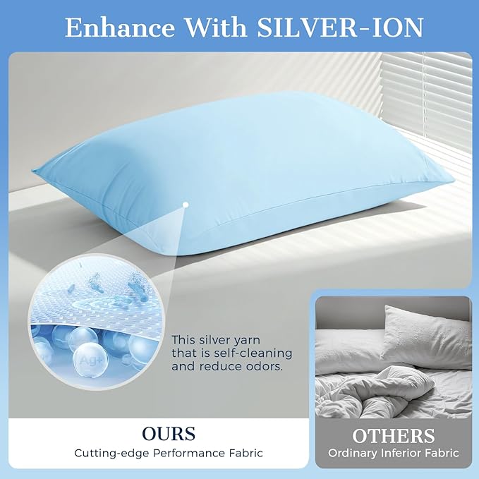 Cooling Pillow Cases 2 Pack Queen Size Cooling Pillowcases for Hot Sleeper Q-Max>0.5, Hydrates Skin & Hair, Reduces Wrinkles & Frizz, Soft Smooth Silky Pillowcases Envelope Set of 2, Blue
