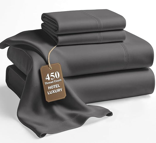 LANE LINEN King Size Bed Sheets Set - 450 Thread Count Sateen Weave for Smooth & Silky Feel On Skin - Breathable 100% Cotton Sheets for Single Beds - Fits Mattresses Upto 15'' Deep - Charcoal