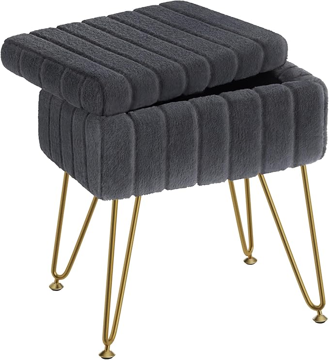 Greenstell Vanity Stool Chair Faux Fur with Storage,15.7"L x 11.8"W x 19.4"H Soft Ottoman 4 Metal Legs with Anti-Slip Feet, Furry Padded Seat, Modern Multifunctional Chairs for Makeup, Bedroom Grey