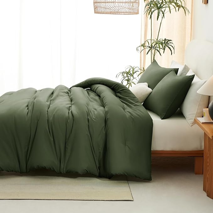 CozyLux King Size Comforter Set Olive Green, 3 Pieces Solid Comforters King Size Breathable Quilted Bedding Sets, Luxury Soft Lightweight Bed Set with Down Alternative Comforter and 2 Pillowcases