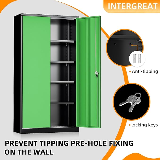 INTERGREAT Storage Cabinet,72”H Garage Steel Locking Cabinets with Doors and 4 Adjustable Shelves, Tall Lockable File Tool Cabinets for Home Office, Metal Classroom Cabinet Basement, Black-Green