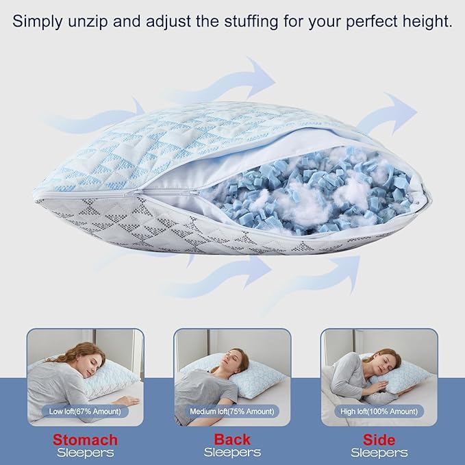 Cooling Shredded Memory Foam Pillows: Adjustable Bed Pillows for Sleeping, King Size Set of 2, Customizable Loft & Firm Support for Side Back Stomach Sleepers
