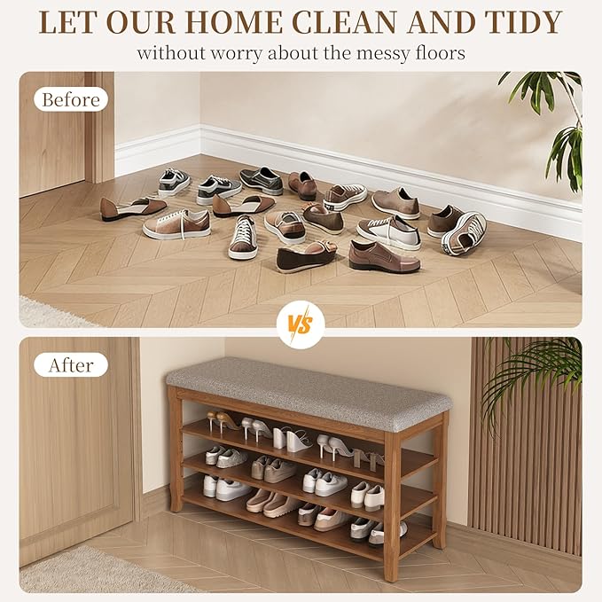 SolidWood Entryway Shoe Storage Bench, Flip-Top Soft-Close Lid, Adjustable Shelves, Cushioned Entryway Shoe Rack Organizer,Hallway, Closet, Foyer 39.4''